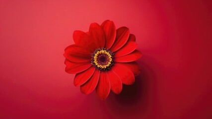 One red flower on red monochrome background. Copy space, place for text, empty space. View from above.