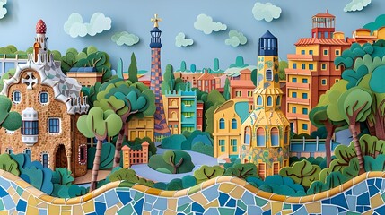 A colorful cityscape with a church and a castle in the background