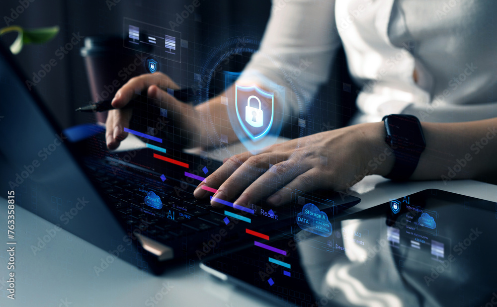 Poster network security system. personal data information and cyber security technology services. internet 