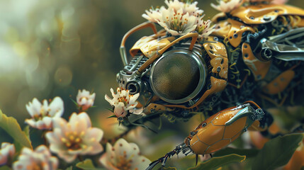 bee robot designed for plant pollination, flying over a meadow with daisies and green grass. Artificial insect ready to pollinate plants and flowers. - obrazy, fototapety, plakaty
