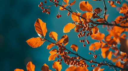 Sunlight filtering through vibrant orange leaves, casting intricate shadows on a rustic branch adorned with twigs and berries against a deep blue sky