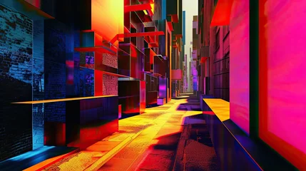 Fotobehang An abstract composition of a narrow street between tall buildings consisting of cubes and different geometric shapes. Blue, pink, orange, yellow bright colors. Endless path concept. Generative by AI © Татьяна Лобачова