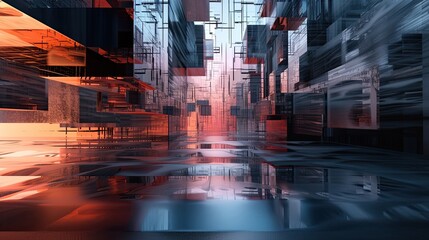 An abstract composition of cubes, a street with geometric shapes, a play of light and shadow in a cubic space, an unusual design. Room of the future, futurism. Generative by AI