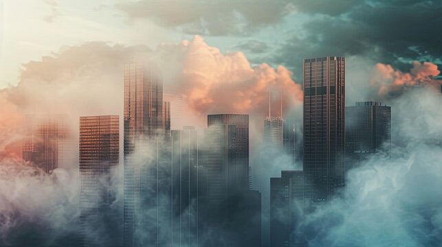 Skyscrapers, tall buildings, concrete, city, urbanism, sun rays, high rise buildings, office buildings, urban ecosystem, clouds. Beauty and grandeur of modern architecture concept. Generative by AI