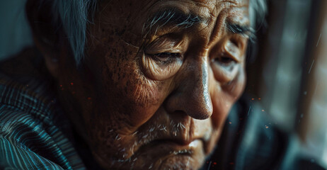 very old, desperate, tired of life and unmotivated man, gray hair, deep wrinkles on the face, close-up, sad eyes, mourns and is listless and unhappy, tired and weak - obrazy, fototapety, plakaty