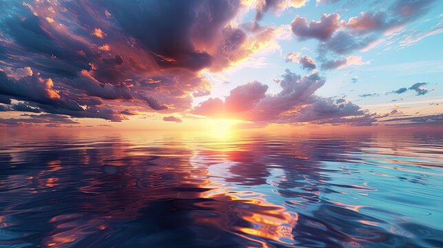 Hyper realistic background, sunny sky reflected in the water. Sea surface, ocean, sunset, rays, aqua, emptiness, no one, beautiful unrealistic landscape. Loneliness concept. Generative by AI