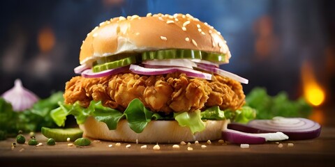 crispy fried chicken zinger burger with lettuce and tomato, fresh chicken burger sandwich fast food commercial advertisement banner with copy space area, zinger cheese burger on a wooden tabletop