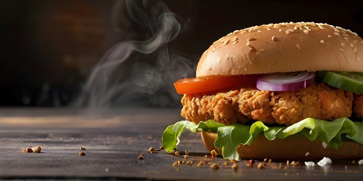 crispy fried chicken zinger burger with lettuce and tomato, fresh chicken burger sandwich fast food commercial advertisement banner with copy space area, zinger cheese burger on a wooden tabletop