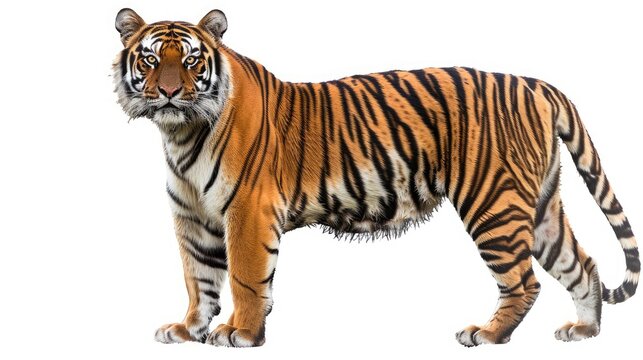 Tiger staring at its prey, white background included.