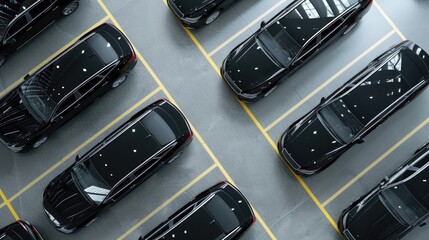 Top angle shot of black cars neatly parked in an indoor lot