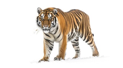 Obraz premium Tiger staring at its prey, white background included.