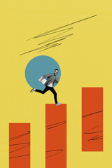 3D photo collage composite trend artwork sketch image of young businessman jump on charts hold...