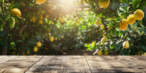 Empty wooden kitchen table over lemon fruit garden background - obrazy, fototapety, plakaty