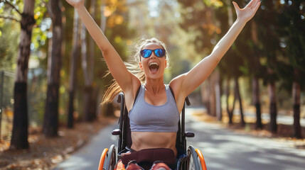 woman wearing fitness clothes and sitting in a wheelchair with surprised happy face with hands to the air. Natural body. Beauty of disabled woman. Motivating lettering. Concept of different appearance
