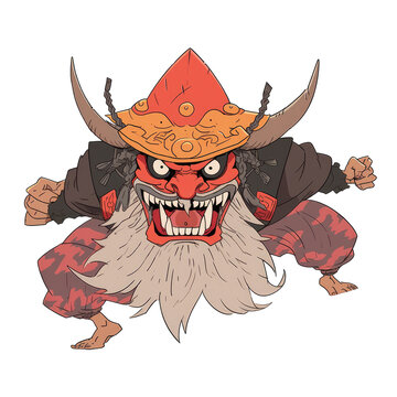 An illustration of a terrifying red-faced dwarf monster wearing traditional Japanese clothing