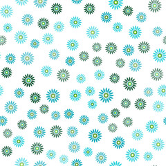 Many small green blue flowers on white background. Seamless pattern with daisies. Flower with many petals. Design in rustic style for girls. Vector illustration for paper, textile, cards.
