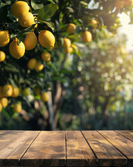 Empty wooden kitchen table over lemon fruit garden background