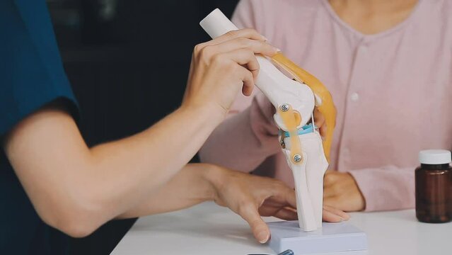 Human cruciate ligament injury treatment concept. Orthopedist showing to cruciate ligament in a knee-joint medical teaching model, close-up