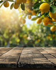 Empty wooden kitchen table over lemon fruit garden background
