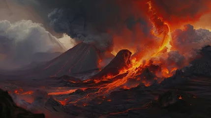 Foto op Aluminium Volcano, frozen lava, landscape, volcanic eruption, natural disaster, magma, smoke, fire, high temperature. Desert landscape with igneous formations. Power of nature concept. Generative by AI © Татьяна Лобачова