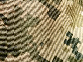 Ukrainian camouflage military uniform, green pixel design close-up