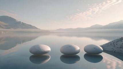 Three symmetrical arrangements of white pebble stones forming balanced structures, set against a backdrop of a calm lake reflecting the beauty of the scene - Powered by Adobe