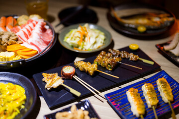 Meat skewers in the Japanese restaurant