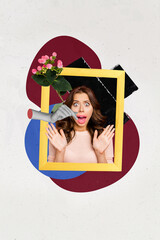 Trend artwork 3D collage composite image of young shocked lady in photo frame near pink flower...