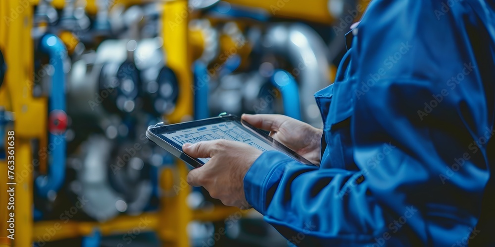 Aufkleber technician checking equipment and devices in industrial workshop for regular maintenance and system 