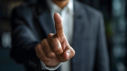 Business Professional Pointing to Empty Space with Focused Gesture and Depth of Field Effect