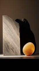 A marble block and an a round stone rest on a table for abstract aesthetic still life
