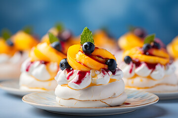 Photo of mini meringue pavlovas with blueberry, peach on pastel background, in a closeup view
