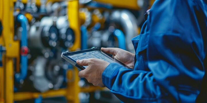 Technician Checking Equipment and Devices in Industrial Workshop for Regular Maintenance and System Updates