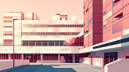 An abstract image of hospital, modern office or educational building, office, building, skyscraper, architecture, business, modern, work, corporation, cartoon. Pink and beige tones. Generative by AI - obrazy, fototapety, plakaty