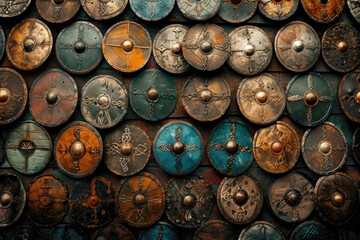 Rows of metal round medieval shields decorating a wall, historical battle defense and symbols - obrazy, fototapety, plakaty