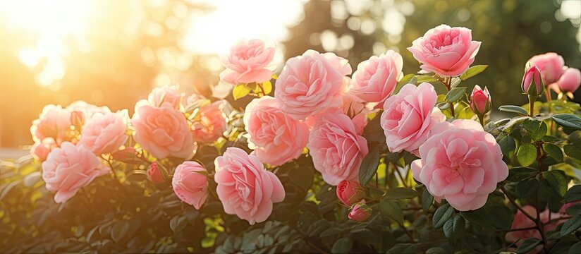 Pink roses blooming in a sunny garden