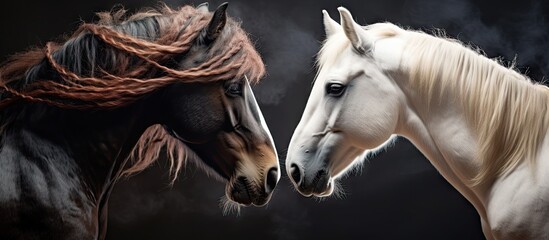 Beautiful horses with long manes in a dim space - obrazy, fototapety, plakaty