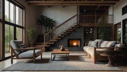 Fototapeta na wymiar Farmhouse home interior design of modern living room with wooden staircase