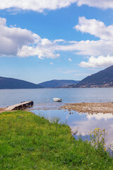 Beautiful Mediterranean landscape on sunny spring day. Montenegro, Adriatic Sea. View of Bay of Kotor near Tivat city