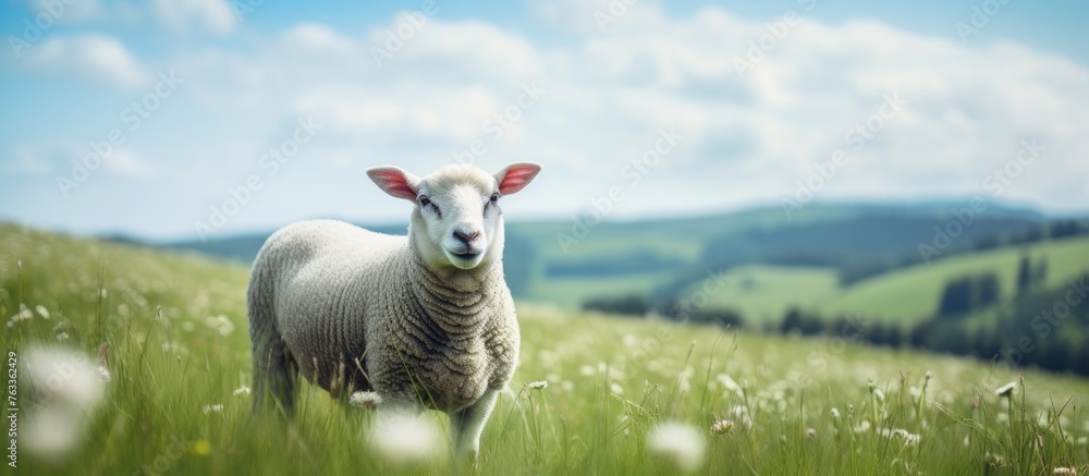 Poster sheep grazing in a lush meadow with distant mountains
