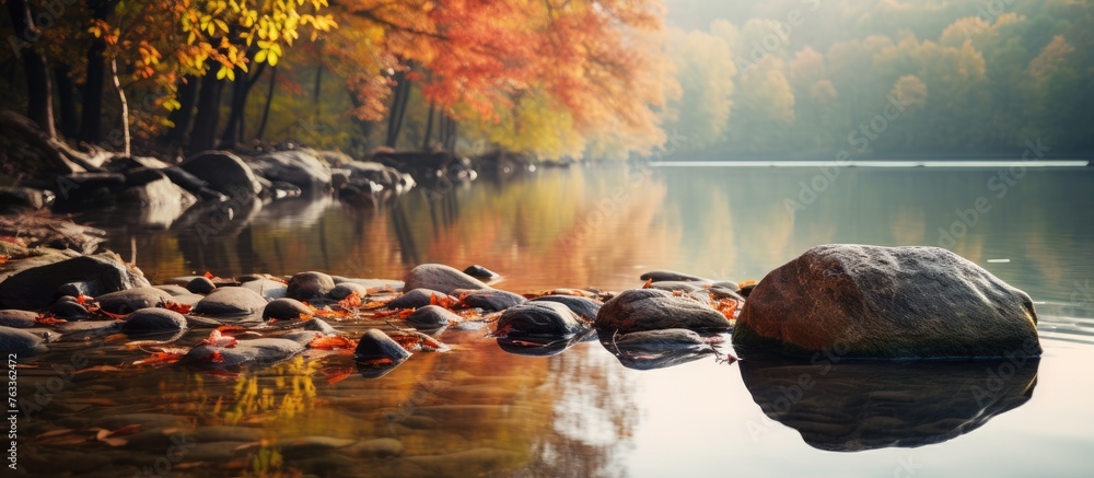 Poster river with rocks and trees in the background
