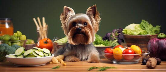 Dog on Table Surrounded by Vegetables with Veterinarian Nutritionist - obrazy, fototapety, plakaty