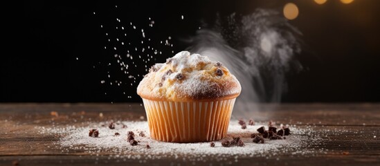 A muffin topped with powdered sugar close up - obrazy, fototapety, plakaty