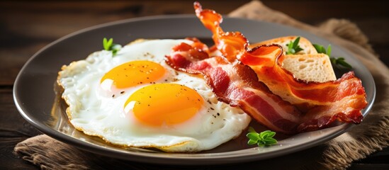 Bacon and eggs served with toast on a table