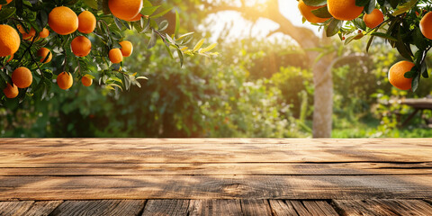 Empty wooden kitchen table over orange fruit garden background
