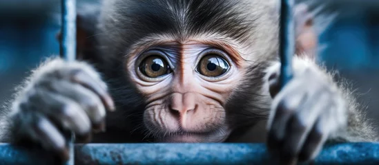Fotobehang A monkey peers from within a cage © vxnaghiyev