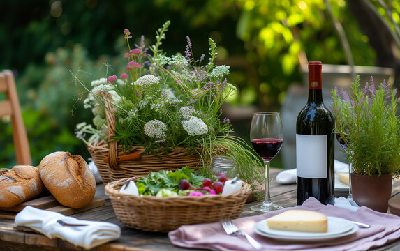 outdoor picnic with wine served and setting with plants on wooden table.