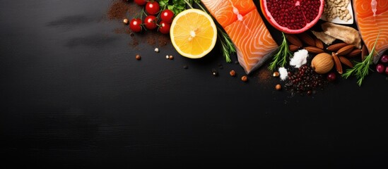 A variety of food close up with fish, vegetables, and nuts - obrazy, fototapety, plakaty