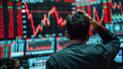Wall Street investors, hands on head, gaze upward at red charts on crowded trading floor, conveying despair.generative ai