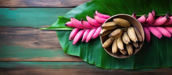 Bananas on green leaf, banana blossom on wooden plate top view - obrazy, fototapety, plakaty